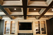 Entertainment Center With Antiqued Finish, Two Tone Coffered Ceiling